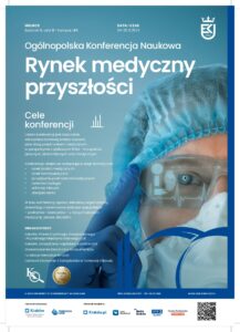 Lekarz patrzący wprost. Na tle treść konferencji.