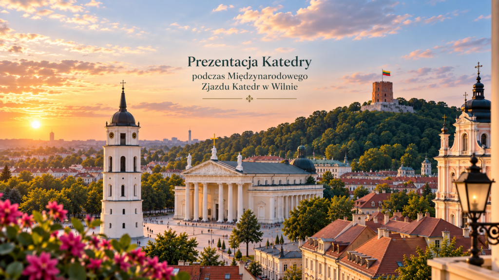 panorama miasta, w lewym dolnym rogu r&oacute;żowe kwiaty, w tle białą katedra