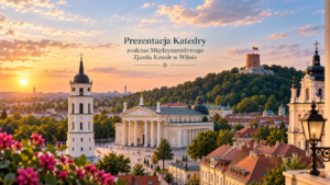 panorama miasta, w lewym dolnym rogu różowe kwiaty, w tle białą katedra